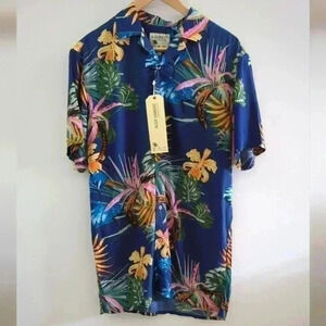 ALEX VANDO | Men's Navy Tropical Short Sleeved Collard Button Up Shirt